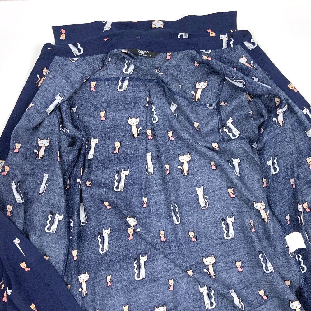 Whimsical Cat Print Navy Button Down Rayon/Viscose Shirt Blouse Sz M - Picture 16 of 16